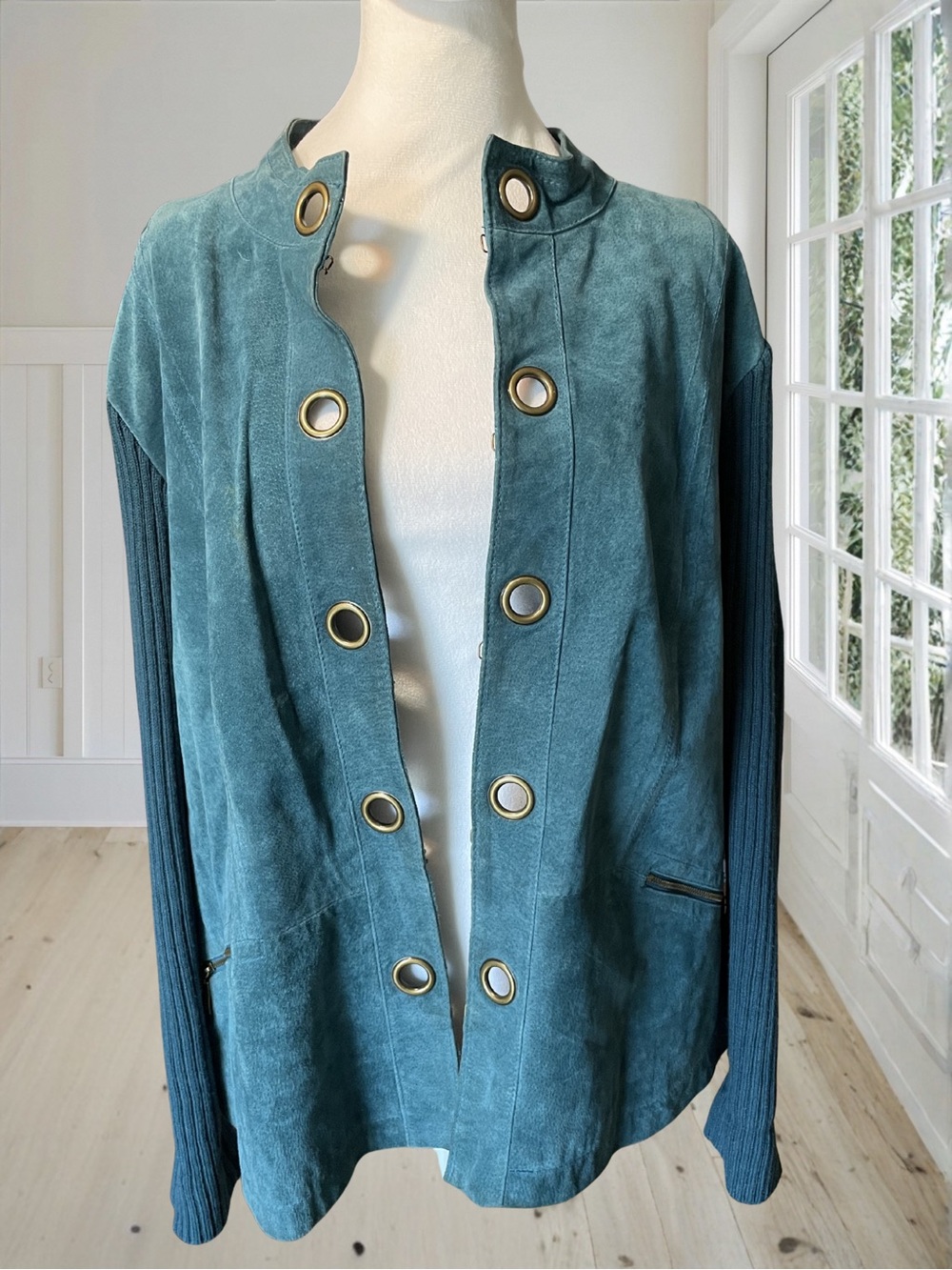 LIVE A LITTLE Women's Teal Suede Leather Ribbed Knit Grommet Jacket Sweater 2X - Picture 4 of 15
